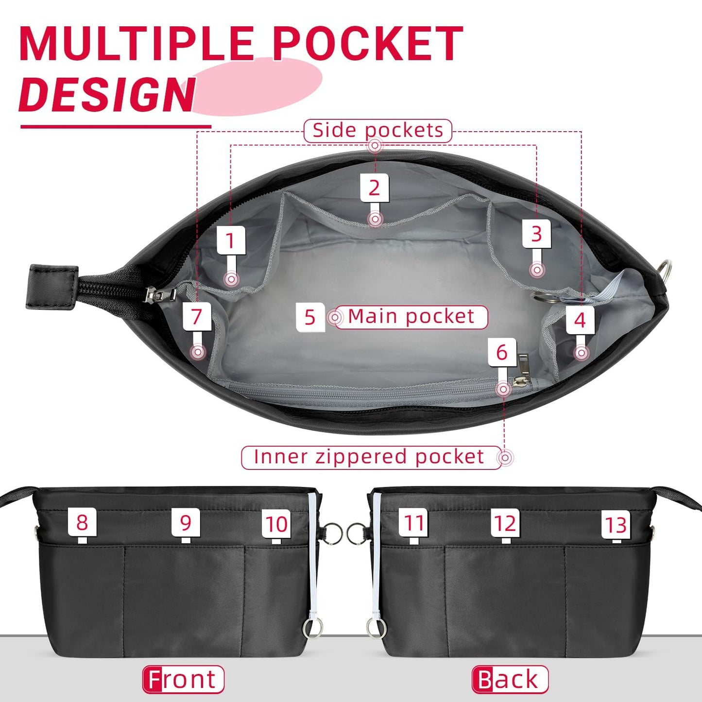 HyFanStr Purse Organizer Insert with Zipped Top for Tote Bag, Handbag Shaper with 13 Pockets, Black L