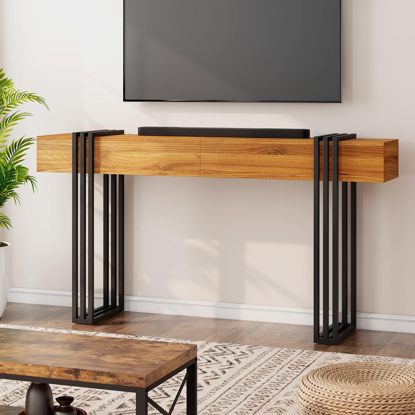 knoworld 63 Inch Long Console Table, Industrial Sofa Table Behind The Couch Rectangular Entryway Table for Entrance Hallway Living Room, Brown