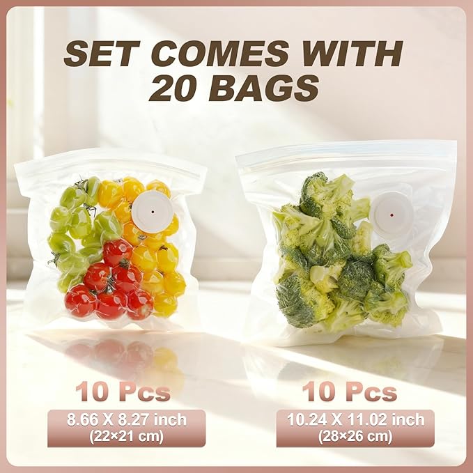 Reusable Vacuum Sealer Bags for Food: 20Pcs BPA-Free Vacuum Seal Bags with Air Valve & 5 Seal Clips, Plastic Clear Sous Vide Cooking Bag, Microwaveable Freezer Safe Vacuum Food Storage for Kitchen