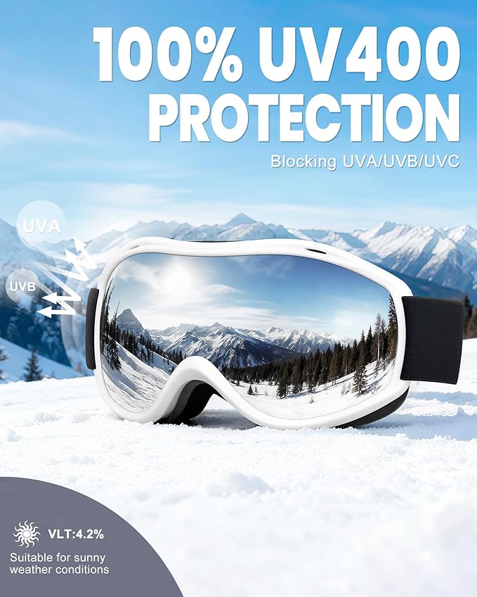 AVV Ski Goggles UV Protection, Anti-Fog Snowboard Snow Goggles OTG for Men Women Adults & Youths