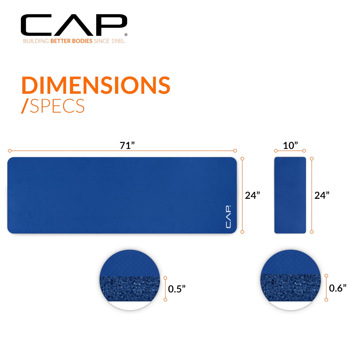 CAP Barbell Yoga Mat 1/2" Thick with Carrying Strap & Knee Pad - High Density Exercise Mat for Yoga, Pilates, Stretching, Floor & Fitness Workouts - 71''x24''x1/2" | Blue