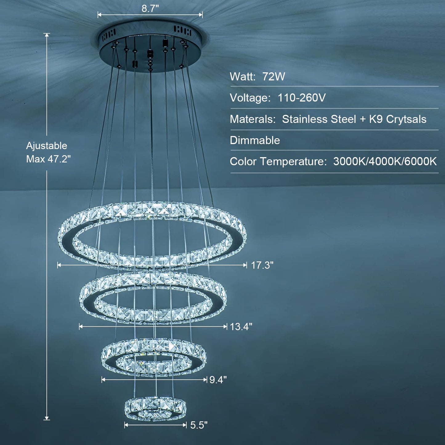 KKMYWAN Modern Crystal Chandelier, Dimmable 4 Rings LED Linear Chandelier Dining Room Light Fixture with Remote for Dining Room, Entryway, Bedroom,Living Room and Foyer Size: Ø5.5+9.4"+13.4"+17.3"