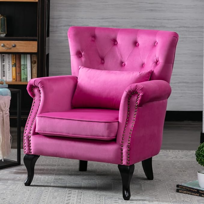 DM Furniture Mid Century Accent Chair Modern Button Tufted Armchair Wingback Club Chair Velvet Single Sofa Lounge Chair with Pillow for Living Room Bedroom, Rose Pink