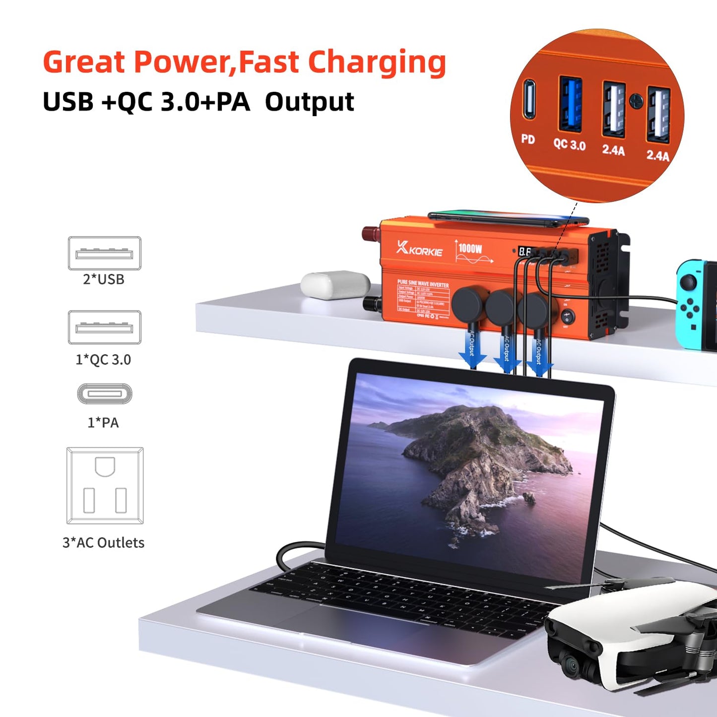 1000W Pure Sine Wave Inverter, Car Power Inverter, 12V Dc To 110V Ac Power Converter, Emergency Power Inverter With Type-C, Dual