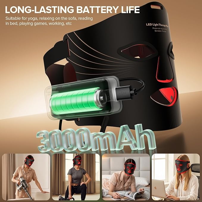 LED Face Mask Light Therapy, 3 Modes Portable Red Light Therapy for Face with Rechargeable Remote, Red Light Mask, at Home(Dark Black)