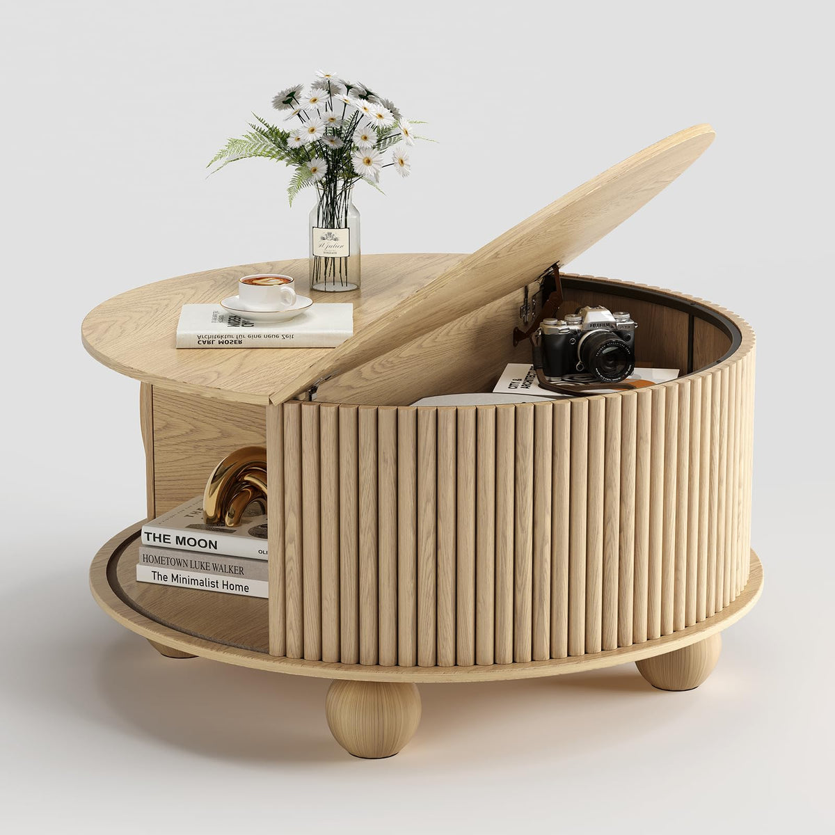 JOINICE,Round Coffee Table with Storage,Fluted Lift Up Coffee Table with Sliding Door,31.5" Drum Center Table with Bun Feet for Living Room,Home Small Space,Oak