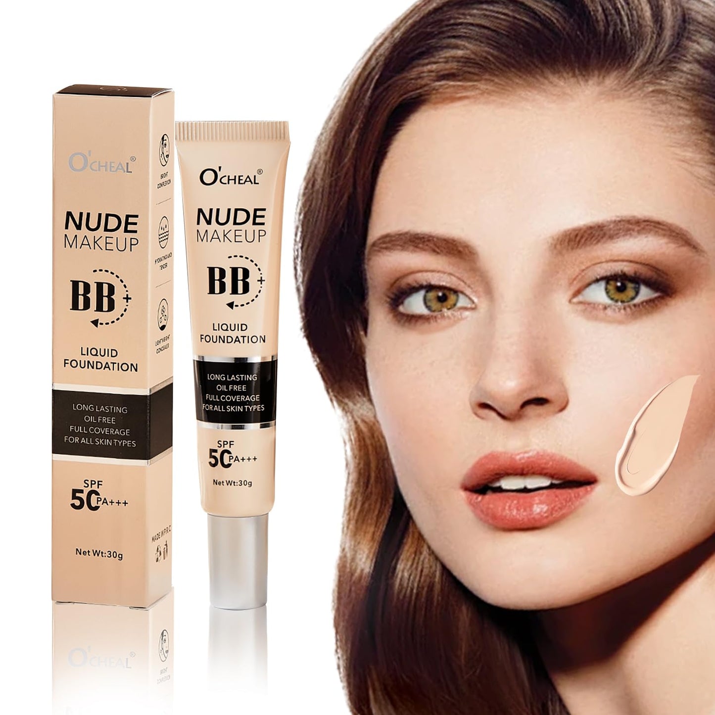 O'CHEAL BB Cream with SPF 50+ | Full Coverage Tinted Moisturizer with Buildable Concealer Powder Foundation, Oil-Free, Hydrating