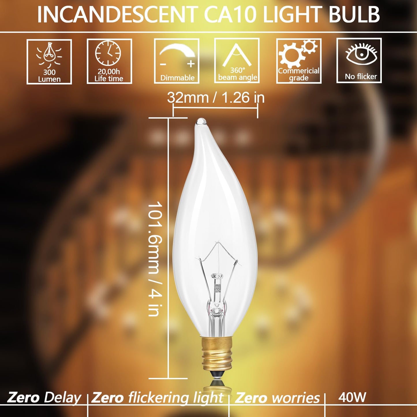 Potanro E12 Incandescent Light Bulbs 40Watt Warm White 2700K, 300 Lumens Candelabra Light Bulbs Dimmable Decorative Chandelier for Ceiling Fan, Pendants (40W-12Pack)