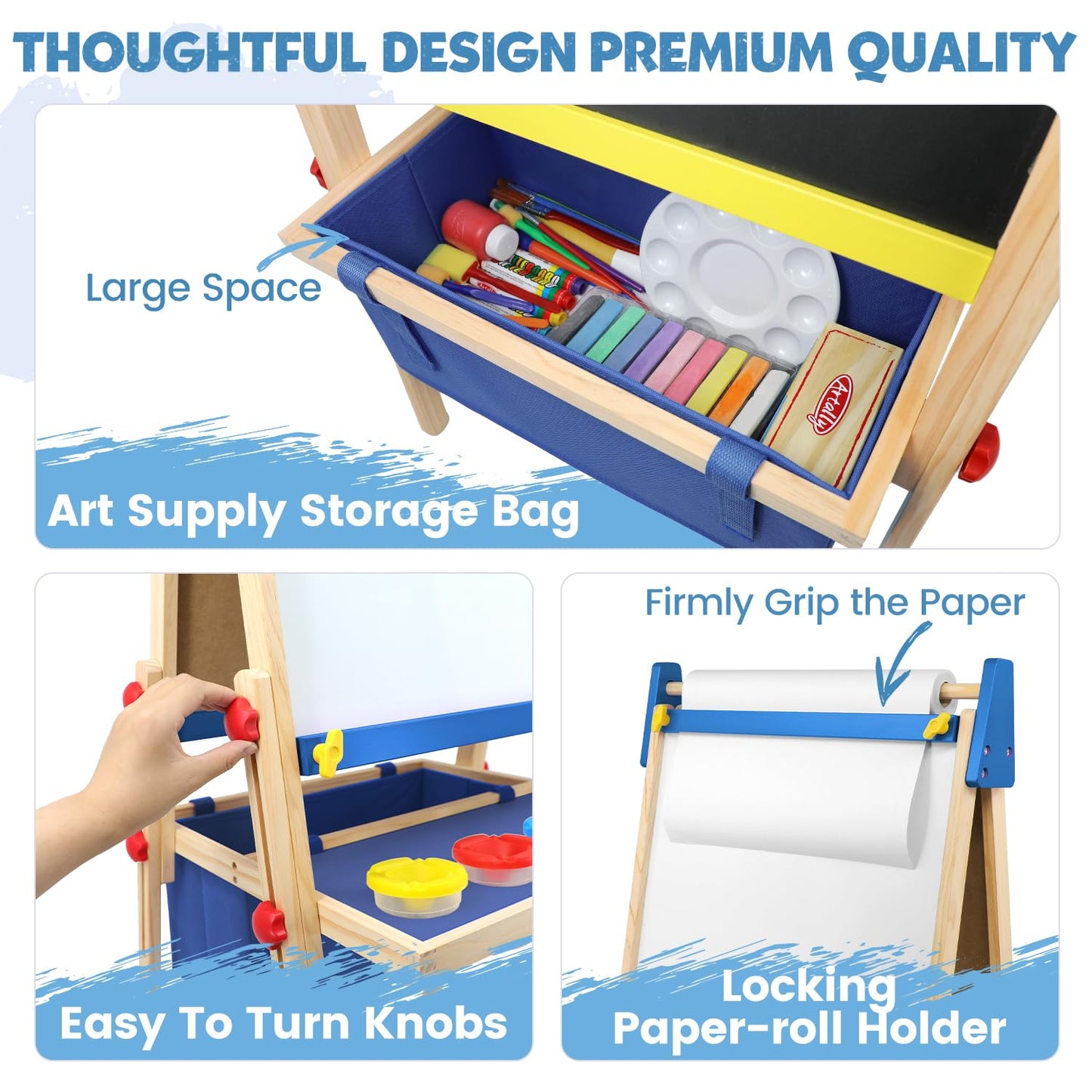 Art Easel for Toddlers Kids, Adjustable Standing Art Easel with Magnetic Chalkboard & Whiteboard, Dry-Erase Board, Paper Roll, Drawing & Painting Easel for Kids Ages 3 4-8 9-12, Blue w/Bag