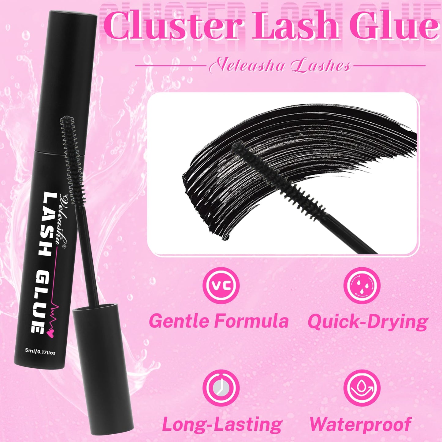 Veleasha Lash Glue Waterproof Long Lasting Eyelashes Glue for Cluster Lashes Super Hold Fast Drying Eyelash Bond for DIY Eyelash