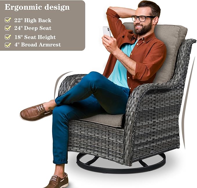 Belord 3 PCS Patio Furniture Set - Mixed Grey Wicker Swivel Rocking Chair Set with Side Table