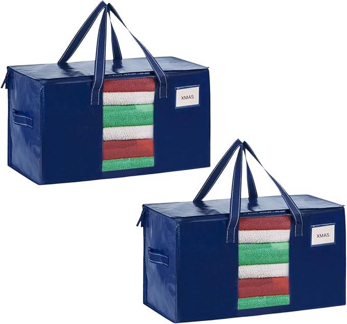 VENO 2 Pack Moving Bags, Comforter and Blanket Storage Bags for Closet, Moving Boxes, Boxes with Lids Alternative, College Dorm Packing Supplies, Foldable Heavy-Duty Tote with Window (Blue, 2 Pack)
