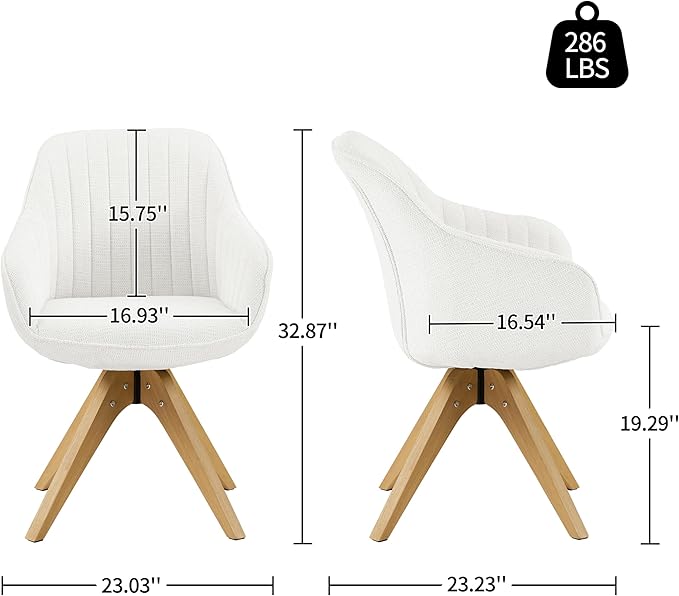 Art Leon Dining Chair, Mid Century Modern Fabric Upholstered Swivel Dining Room Chair with Oak Wood Legs, Leisure Side Chair with Arms for Living Room, Off White