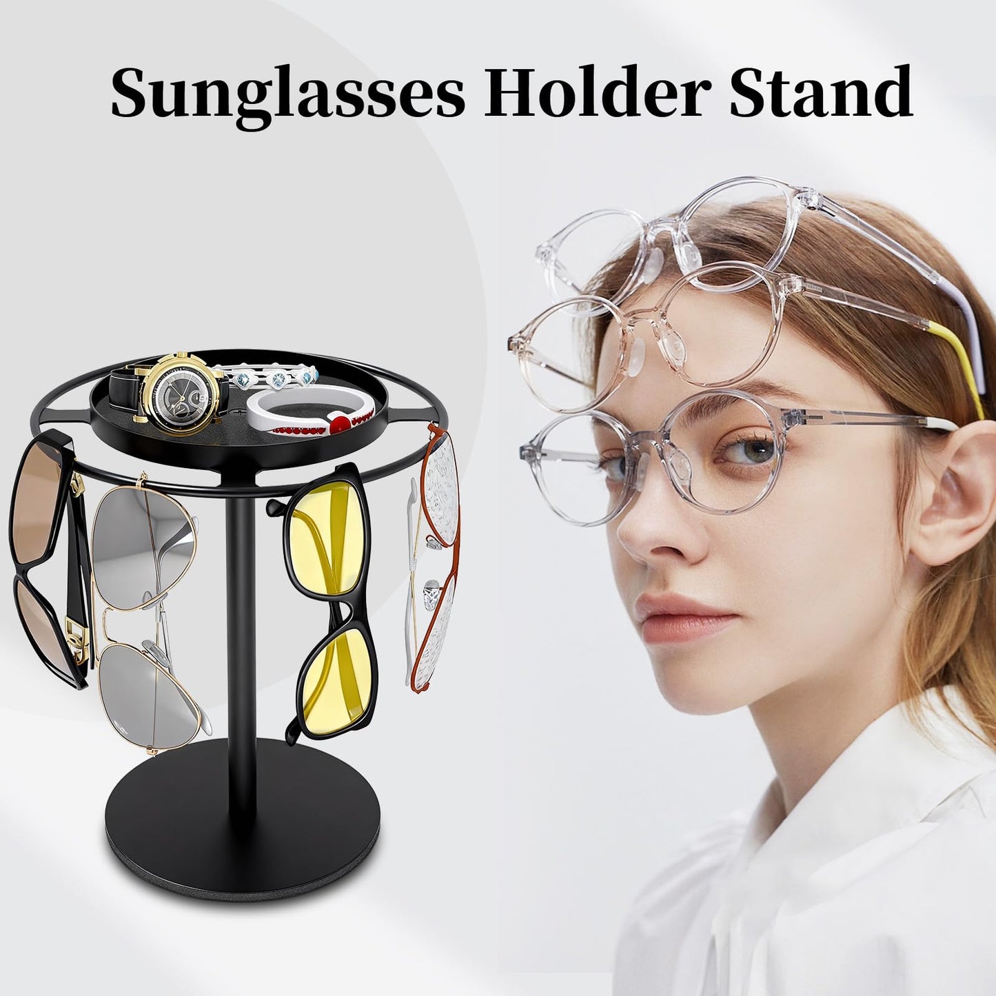 LSK Metal Sunglasses Organizer, Glasses Holder Stand with Storage Tray, Eyeglasses Holder with Anti-Slip Pads for Tabletop, Desk, Dresser, Matte Black