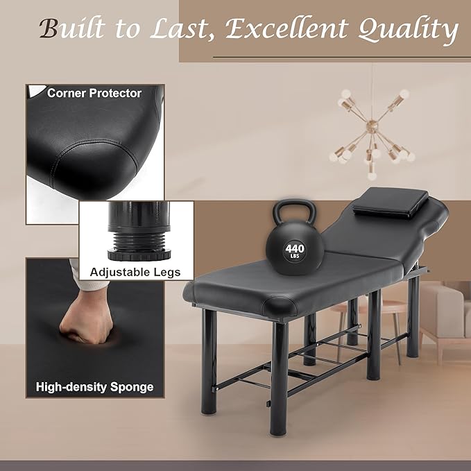 Professional Massage Bed Stationary Adjustable Massage Table Spa Bed 73" x27.5” Physical Therapy Table with Memory Foam Salon Bed w/Removable Headrest Black