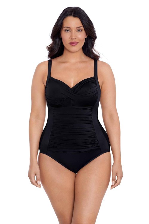 TrimShaper Womens Full Tummy Control Surplice Averi One Piece Swimsuit, Black, 12