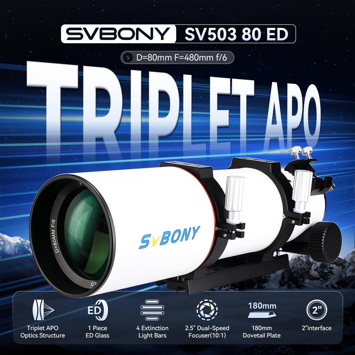 SVBONY SV550 Telescope, 80ED F6 Triplet Apochromatic Refractor OTA, 2.5" Micro-Reduction Rap Focuser, 87mm Back Focus Distance, Telescope for Adults High Powered, for Deep Sky Astrophotography&Visual