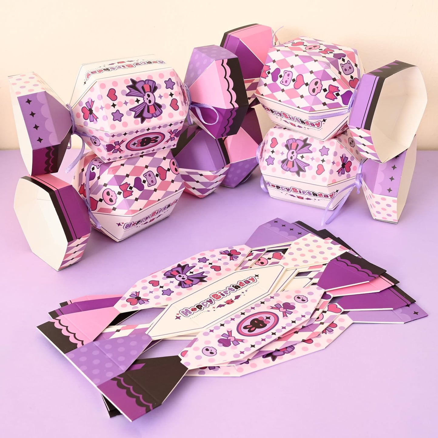 Bupelo Gothic Kawaii Birthday Decorations, 12Pcs Cartoon Party Candy Bags Treat Bags - Cute Skull & Bow Design, Light Purple Paper Party Favor Gift Decors for Girls Kids Birthday, Halloween (8.1x2.7 Inch)