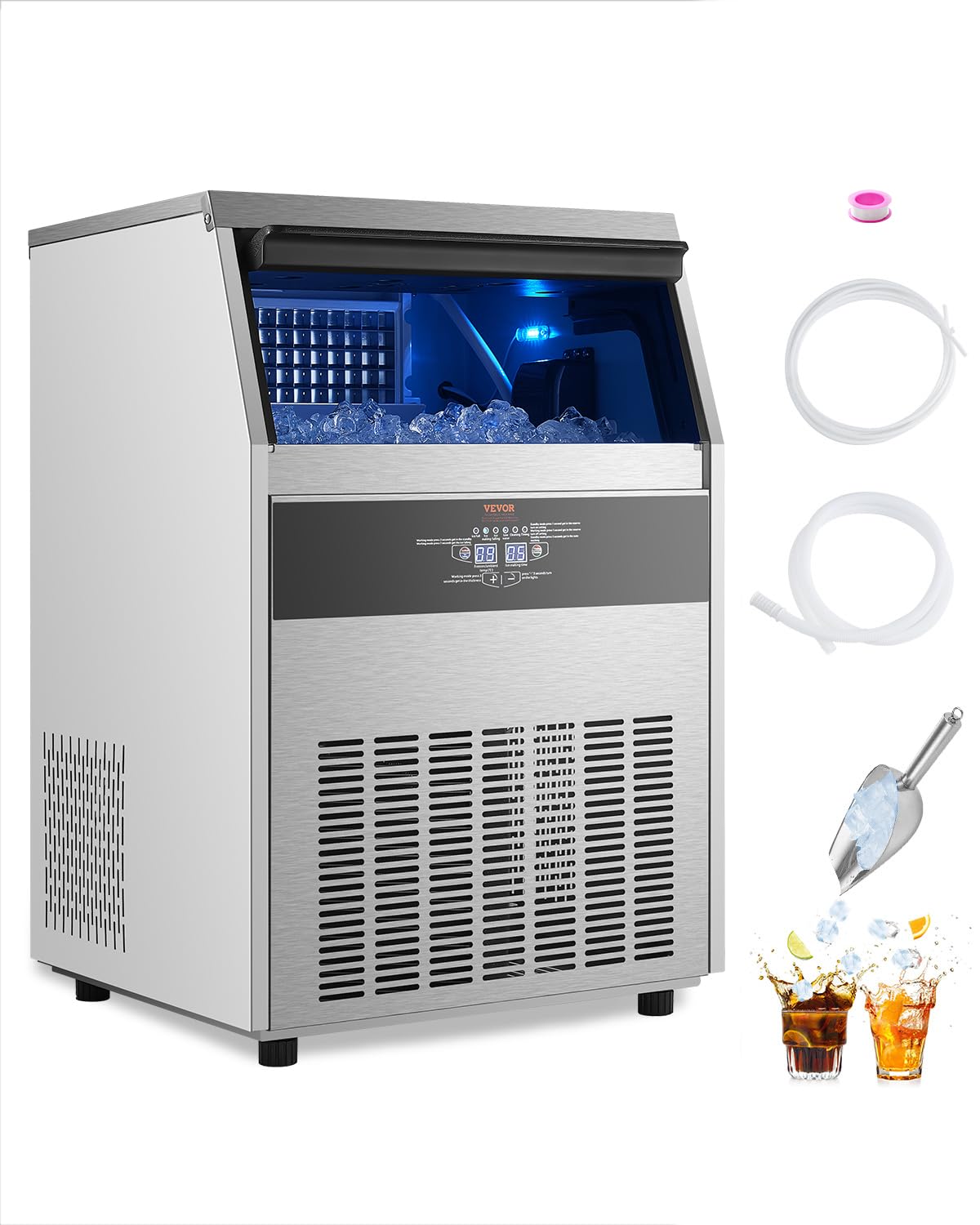 Vevor Commercial Ice Maker Machine, 160Lbs/24H Ice Maker Machine With 66Lbs Storage Capacity, 80 Ice Cubes In 15 Minutes, Led Di
