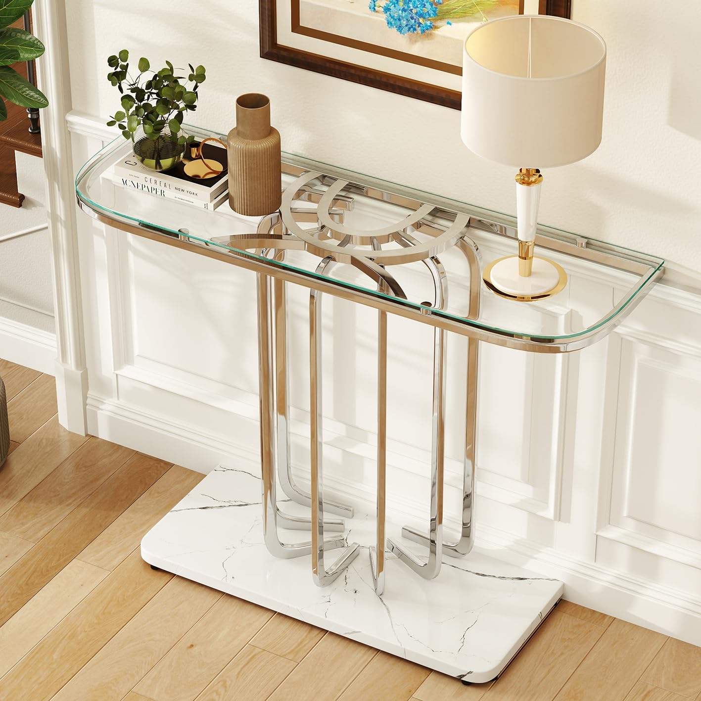 O&K FURNITURE 43" Modern Glass Console Table with Curved Chrome Frame & Faux Marble Base, Silver Narrow Sofa Table for Entryway, Living Room, Hallway, Home Office