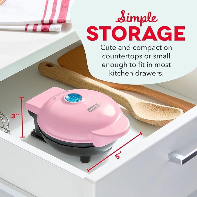 DASH Mini Maker for Individual Waffles, Hash Browns, Keto Chaffles with Easy to Clean, Non-Stick Surfaces, 4 Inch, Pink