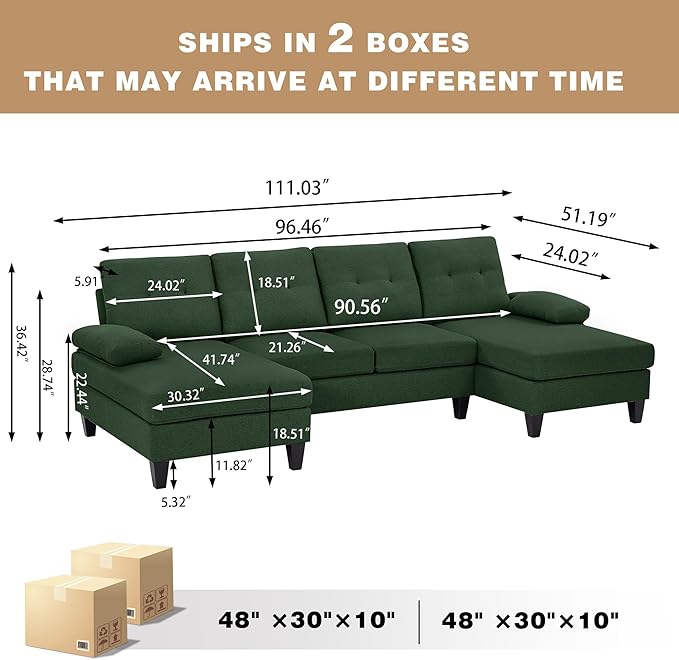 Chireca 111" Sectional Couch for Living Room, Modern Polyester Fibre U Shaped Sofa Couches with Double Chaise, Upholstered 4 Seater Sofa for Living Room, Apartment, Office, Dark Green