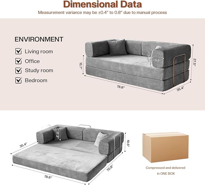 Kelyda 79 Inch Convertible Sofa Bed Couch in Box, 5 in 1 Folding Modular Boneless Couch with Pull Out Bed 2 Pillows, Soft Corduroy Floor Futon Lounge Loveseat Sleeper Lazy Cama No Assembly Light Grey