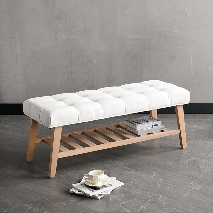 Janoray Entryway Shoe Bench Storage Benches with Upholstered Button Tufted Seat and Open Slatted Shelf Linen Shoe Rack for Hallway Living Room Bedroom End of Bed, Beige