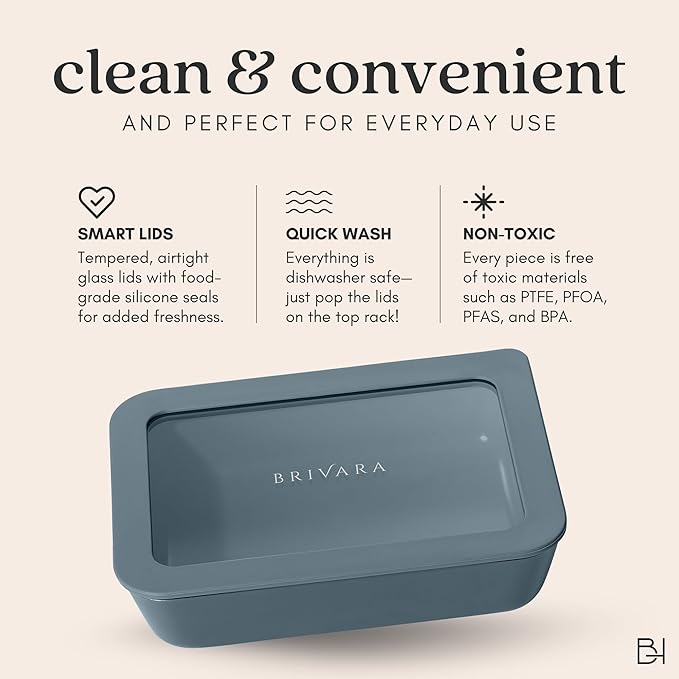 Ceramic Coated Glass Food Storage Container | No PTFE, PFOA, PFAS, and BPA | Reusable Non Toxic Meal Prep Container with Glass Lid | Easy To Store | 2.5 Cup Square [Dusk]