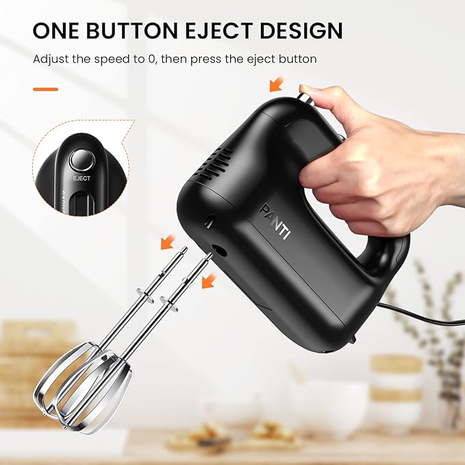 Hand Mixer Electric, PANTI Kitchen Handheld Small Mixer with Beaters and Whisk, 5 Dishwasher-safe Accessories, 5 Speeds & Eject Button, Portable Mixers for Easy Whipping Dough, Cake and Cream, HM3002