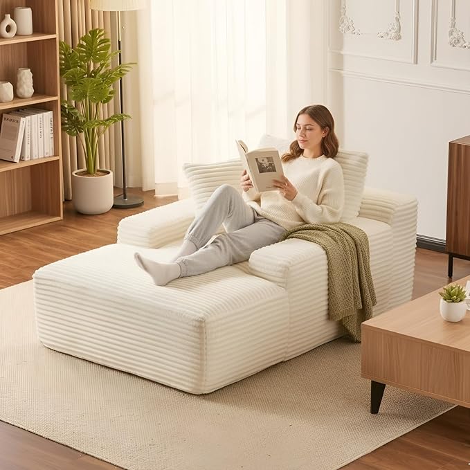 Alpen 66" Oversized Chaise Lounge, Boneless Couch Indoor, Corduroy Couch Boneless Sofa Chair for Reading with Wide Armrest and 3 Throw Pillows, No Assembly Required, White