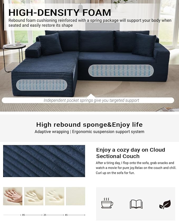 Vanress Cloud Couch Sectional, Corduroy Boneless Couch with L-Shape Chaise, Modern Modular Sectional Sofa Comfy Deep Seat for Living Room, Bedroom, No Assembly (Blue, Left Facing Chaise)