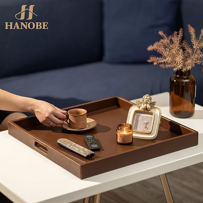 Hanobe Ottoman Serving Tray Large: 20'' Decorative Trays with Handles - Leather Coffee Table Decor for Extra Big Counter Home Living Room - Oversized