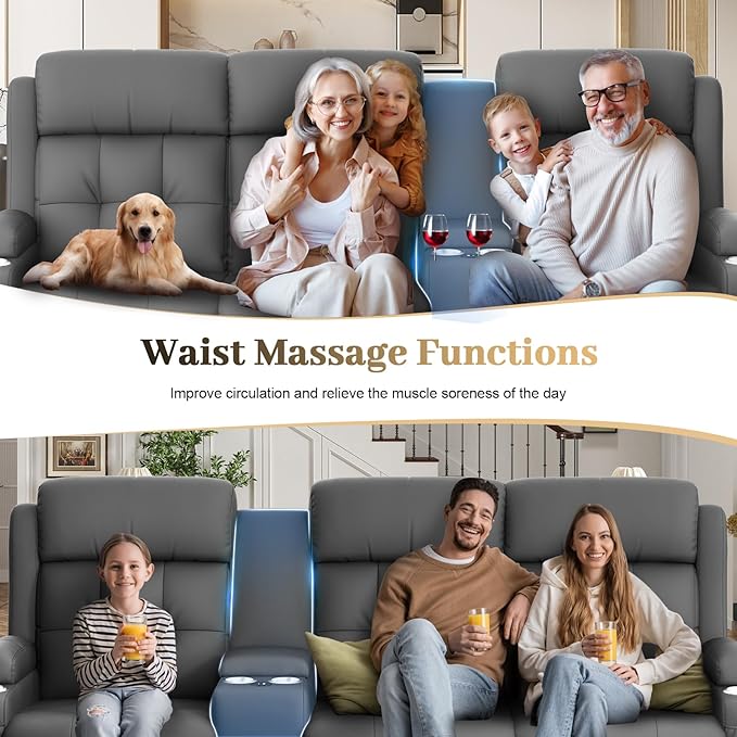Aotolo Recliner Sofa, Massage Reclining Sofa 3 Seater Sets Heavy Weight Capacity, RV Loveseat Couch Clearance with Console, USB, Type C Port, Storage, Cup Holders, Wall Hugger Chair for Living Room