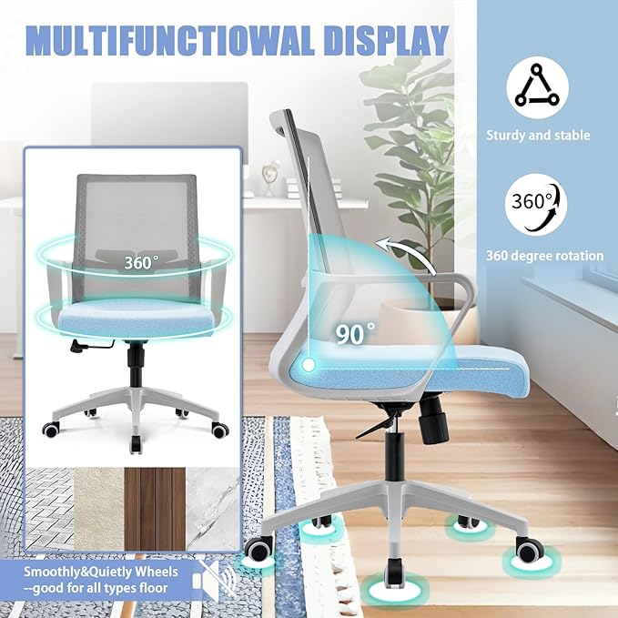 Msdizuo Office Chair ergonomically Designed with Breathable mesh backrest and Lumbar Support Adjustable Height Suitable for Offices Homes bedrooms Study Rooms (Blue)