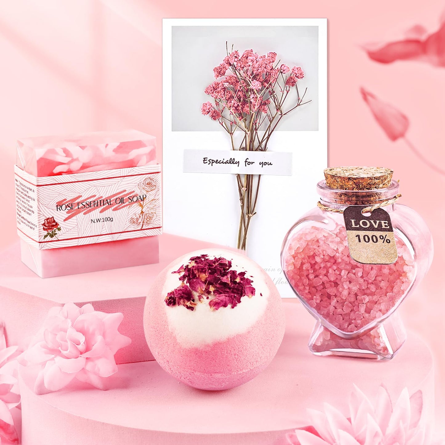 Birthday Gifts for Women Self Care Gifts Get Well Soon Gifts, Rose Relaxation Spa Gift Basket Sets with Luxury Flannel Blanket, Unique Mothers Day Mom Gifts Basket for Mom Wife Grandma Sister Friend