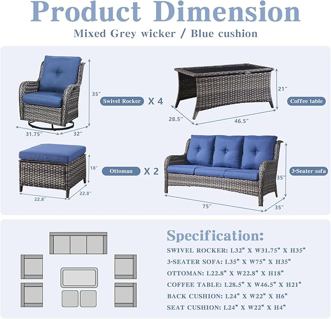 Belord Wicker Patio Furniture Sets - 8 Piece Rattan Outdoor Furniture Conversation Sets with 4 Swivel Rocker Chairs, Rattan Sofa, Wicker Ottomans and Coffee Table, Mixed Grey/Blue
