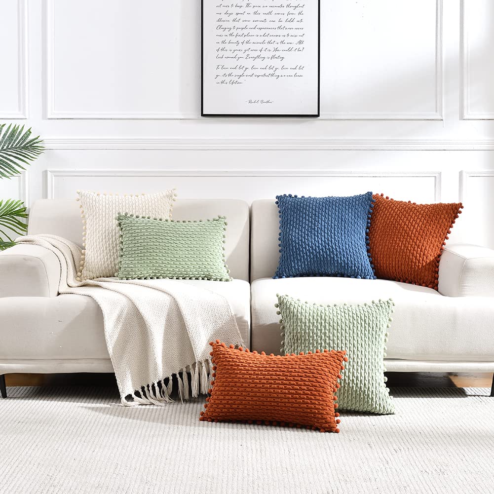 Fancy Homi Set of 2 Dusty Blue Decorative Throw Pillow Covers 18x18 Inch with Pom-poms for Couch Bed Sofa, Rustic Farmhouse Boho Home Decor, Soft Plush Corduroy Cute Cushion Case 45x45 cm