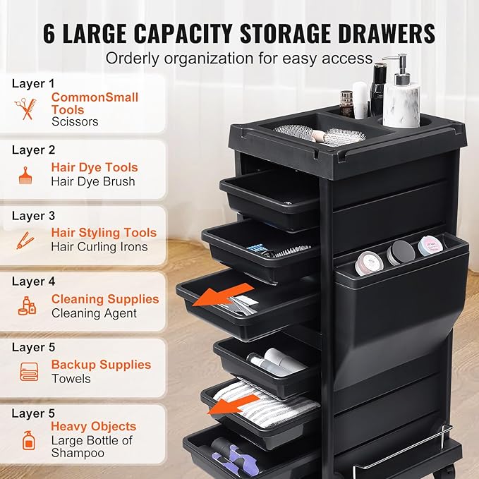 VEVOR Ultimate Trolley Cart, Salon Trolley with 6 Detachable Trays & Appliance Holder, Durable Salon Rolling Cart with Locking Casters for SPA & Beauty & Tattoo & Hairdressing