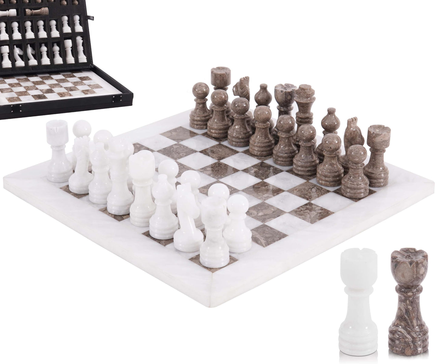 Marble Chess Set for Adults 12" Handmade White & Oceanic Board Game with 32 Chess Pieces, 2 Extra Queens & Storage Box, Luxury Travel Game, Elegant for Home Decor
