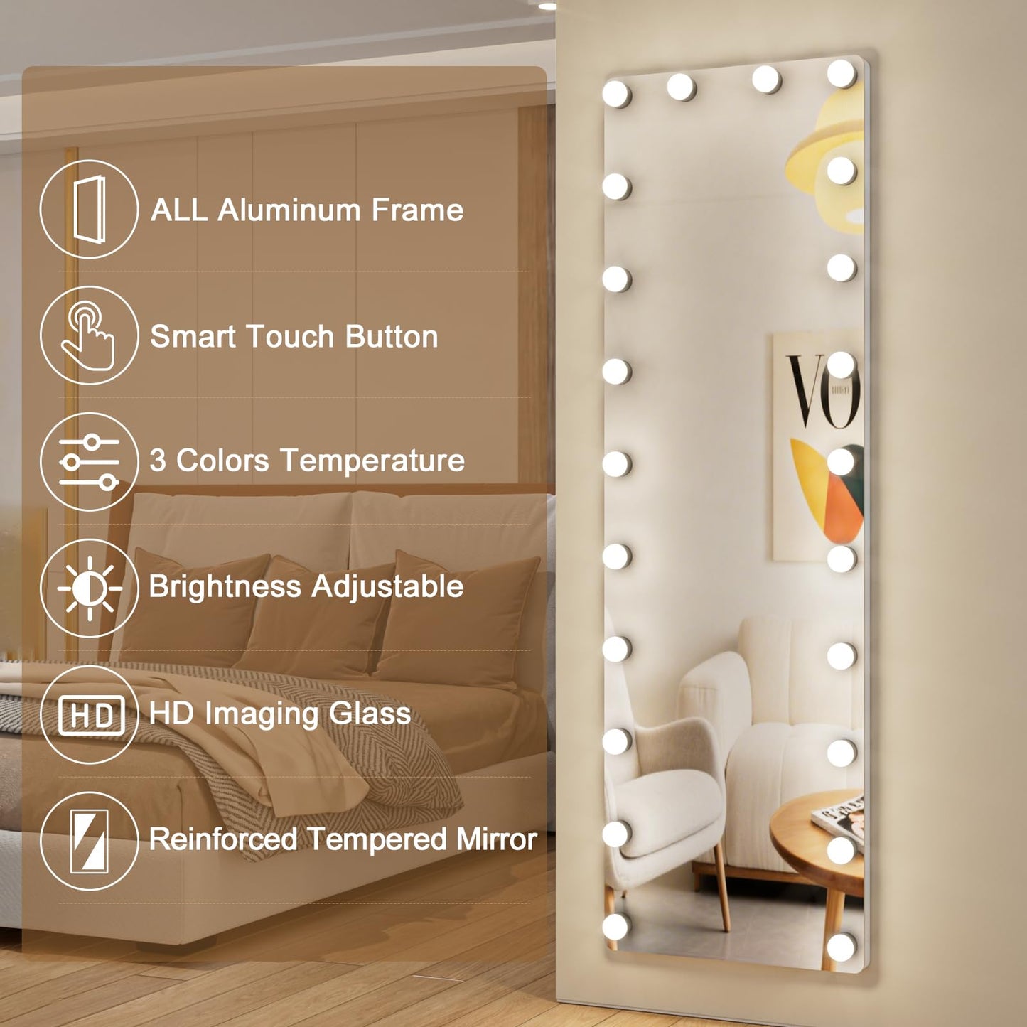 Kosmonia 64x22 Hollywood Full Length Mirror with Light, 22 Dimmable Bulbs & 3 Color Smart Touch Control, Distortion Free, Tempered Glass, Safe Full Body Mirrors with Stand