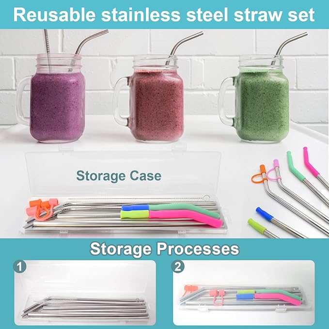 Reusable Stainless Steel Straws Set 6 PCS with 6 Silicone Tips, 2 Straw Brush, 1 Storage Case, Different Sizes of Metal Straws Reusable, Suitable for 14, 20, 30 oz Cups Tumbler, for Hot/Cold Drinks