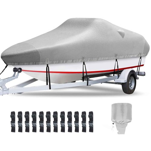 Plscoverit Boat Covers 17-19ft, Heavy Duty 1200D Oxford Waterproof Trailerable Boat Cover, UV Resistant Bass Boat Covers with Motor Cover, Fits V-Hull Tri-Hull Fish&Ski Boat, Runabout