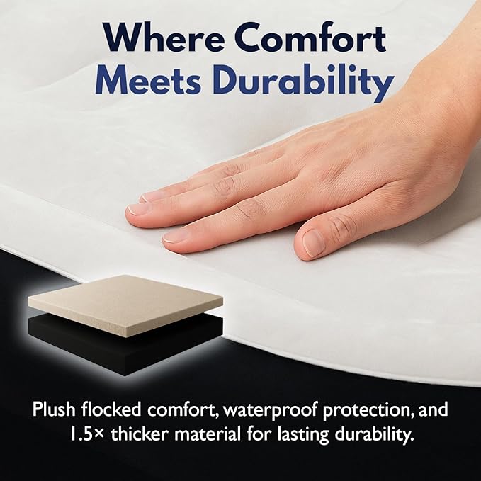 King Koil Luxury Pillow Top Plush Queen Air Mattress with High-Speed Built-in Pump, Blow Up Bed Top Side Flocking, Puncture Resistant, 16" Double High Inflatable Airbed Guests & Travel 1-Year Warranty