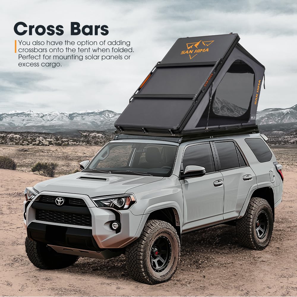 Sanhima Rooftop Tent Hard Shell - Hotham Overland Aluminium Roof Top Tent w/Larger Space, Full Ceiling LED Light & Skyview Window, 2” Thick Mattress, for Car SUV Truck Camping, 2-3 People, Gray
