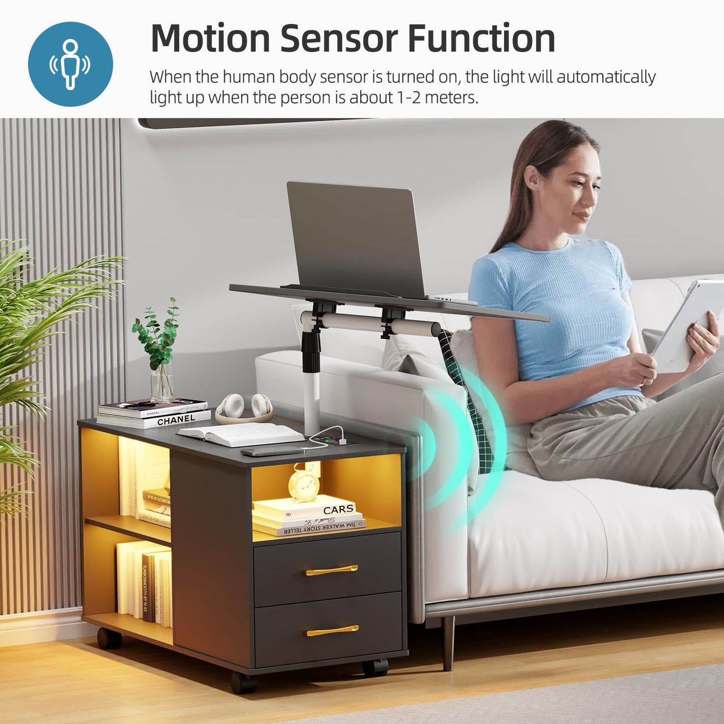 Gurexl 360° LED Nightstand with Wireless Charging Station, Movable Adjustable Bedside Table with Laptop Tray, Auto Sensor Night Stand for Bedroom (Black)