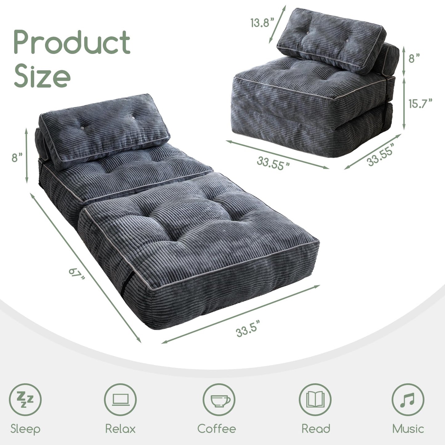 HIGOGOGO Folding Couch Sofa Bed, Convertible Sleeper Chair with Pillow Foldable Mattress with Back Support, Portable Fold Out Chair Bed Floor Mattress,Comfy Floor Sofa for Living Room,Bedroom
