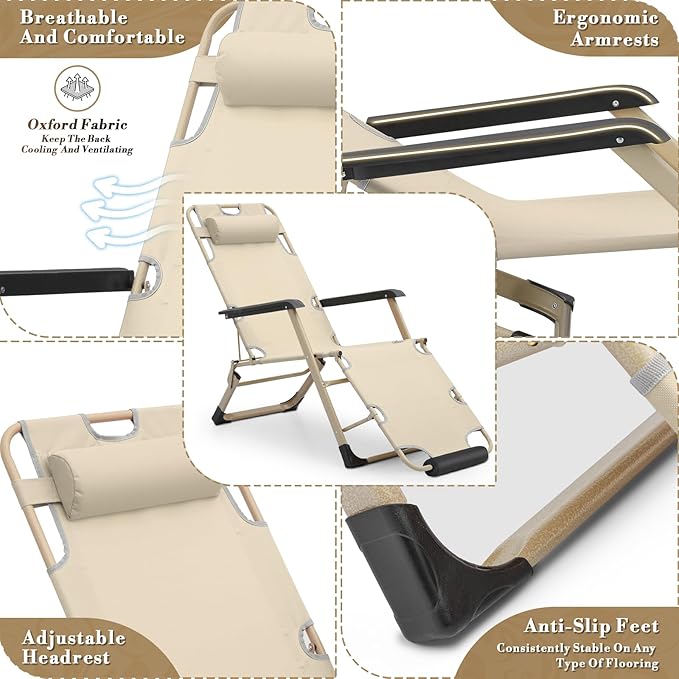 Athena Collection Zero Gravity Outdoor Lounge Chair Set of 2, 26" Width Reclining Pool Lounge Lawn Chairs Recliner with Headrest Foot Pad, Outdoor Chaise for Beach Patio Backyard Outside, Beige