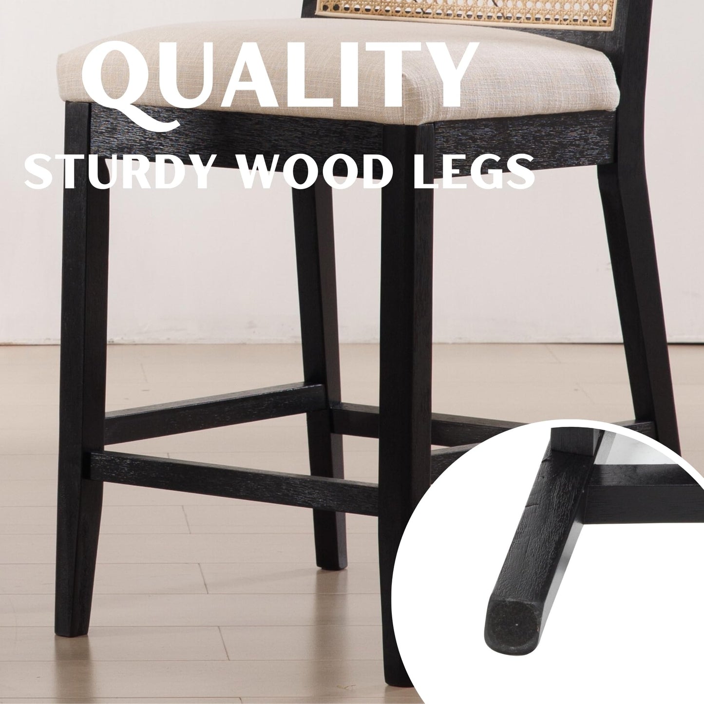 RIVOVA 26.5" Rattan Bar Stools Set of 2 Modern Linen Fabric Upholstered Counter Height Bar Stools, Kitchen Island Barstools with Rattan Back, Black Finish Wood Legs Bar Chairs, Beige