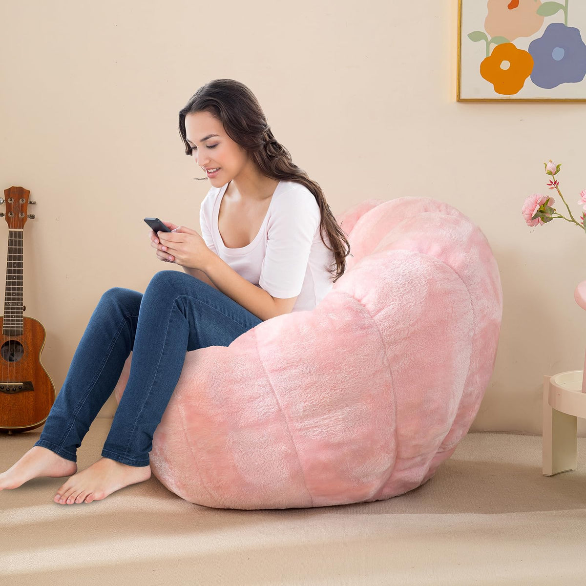 IEVENW Pumpkin Bean Bag Sofa Chair, Bean Bag Chair with Filler for Teens, Kids, Toddler, Comfy and Lazy Sofa for Dorm, Apartment, Living Room and Bedroom, Pink